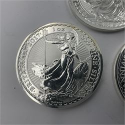 Five Queen Elizabeth II United Kingdom one ounce fine silver Britannia two pound coins dated 2017, 2018, 2019, 2020 and 2021
