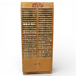 Sylko display cabinet, with fifty drawers with glass fronts, each drawer divided into eight sections displaying shells, with two door cupboard beneath