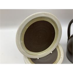 Marianne De Trey (British 1913-2016) stoneware coffee service for twelve, together with a large deep stoneware footed bowl and ladle with wood handle, all decorated in Manganese 'Pattern 1' with impressed shell marks, bowl D27cm