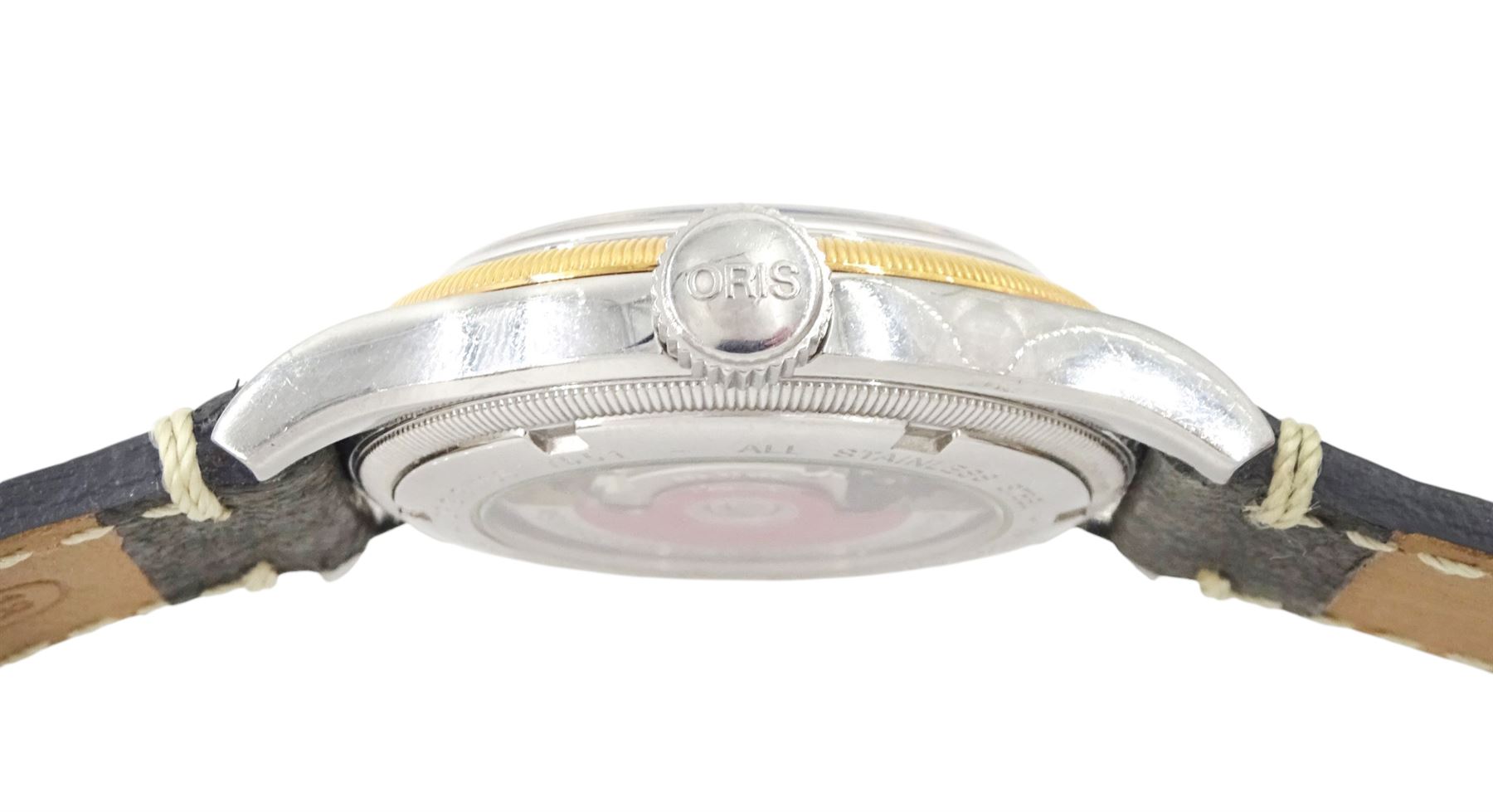 Oris Big Crown Original Pointer Date gentleman's stainless steel automatic wristwatch, Ref. 7551, Cal. 654, silvered dial with dagger and Arabic hour markers, exhibition back case and rose gold-plated bezel, on Squale grey leather strap