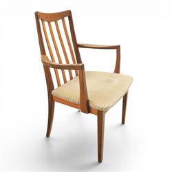 G-Plan - mid-20th century teak 'Fresco' circular extending dining table and six chairs, circular top with storable fold-over leaf extending to 166cm