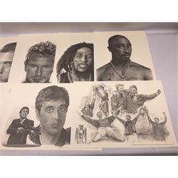 After Chris Burns, twenty-one unframed monochrome prints of pop, film and sports stars including The Beatles, John Lennon, Jimi Hendrix, Madonna, Marilyn Monroe, John Wayne, Bruce Lee, Audrey Hepburn, David Beckham, Manchester United etc. 29.5 x 42cm; some card mounted; and 1935 Silver Jubilee Daily Mail newspaper
