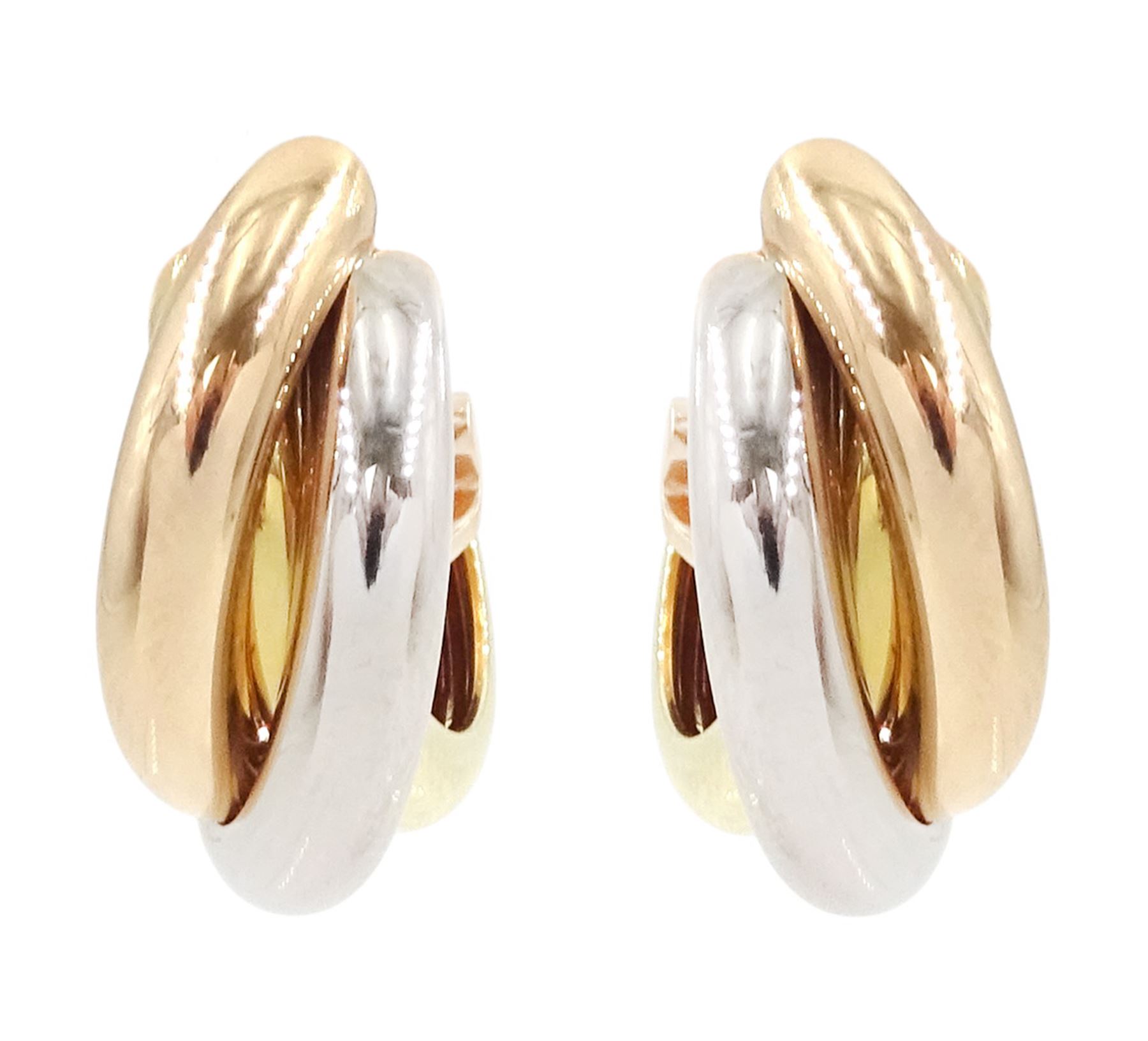 Cartier Trinity gold hoop earrings, each stud with 18ct rose, white and yellow gold intertwined rings, boxed with certificate 