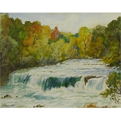  James R Ansdell (20th century): 'Aysgarth Falls', watercolour signed and dated 1950 Girl Picking Blackberries, watercolour indistinctly signed and dated (19)'90, 29cm x 39cm (2)  