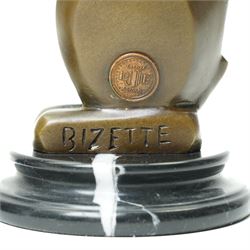 After André Bizette-Lindet - pair of Art Deco style bronze rabbits, bearing signature and foundry stamp, overall H16cm (2)