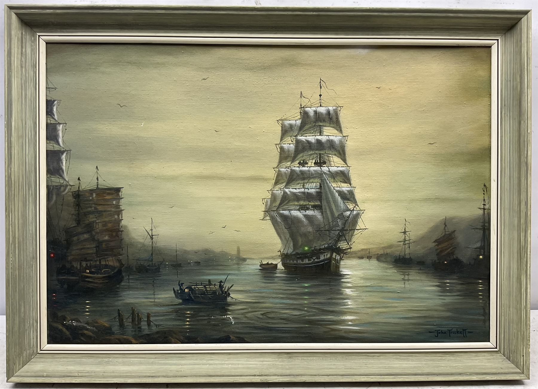 John Trickett (British 1952-): 'Evening Calm' - A Tea Clipper in the Anchorage Foochow, oil on canvas laid on board signed, titled with artist's address verso 42cm x 63cm
Provenance: private collection; David Duggleby 17th September 2021, Lot 198