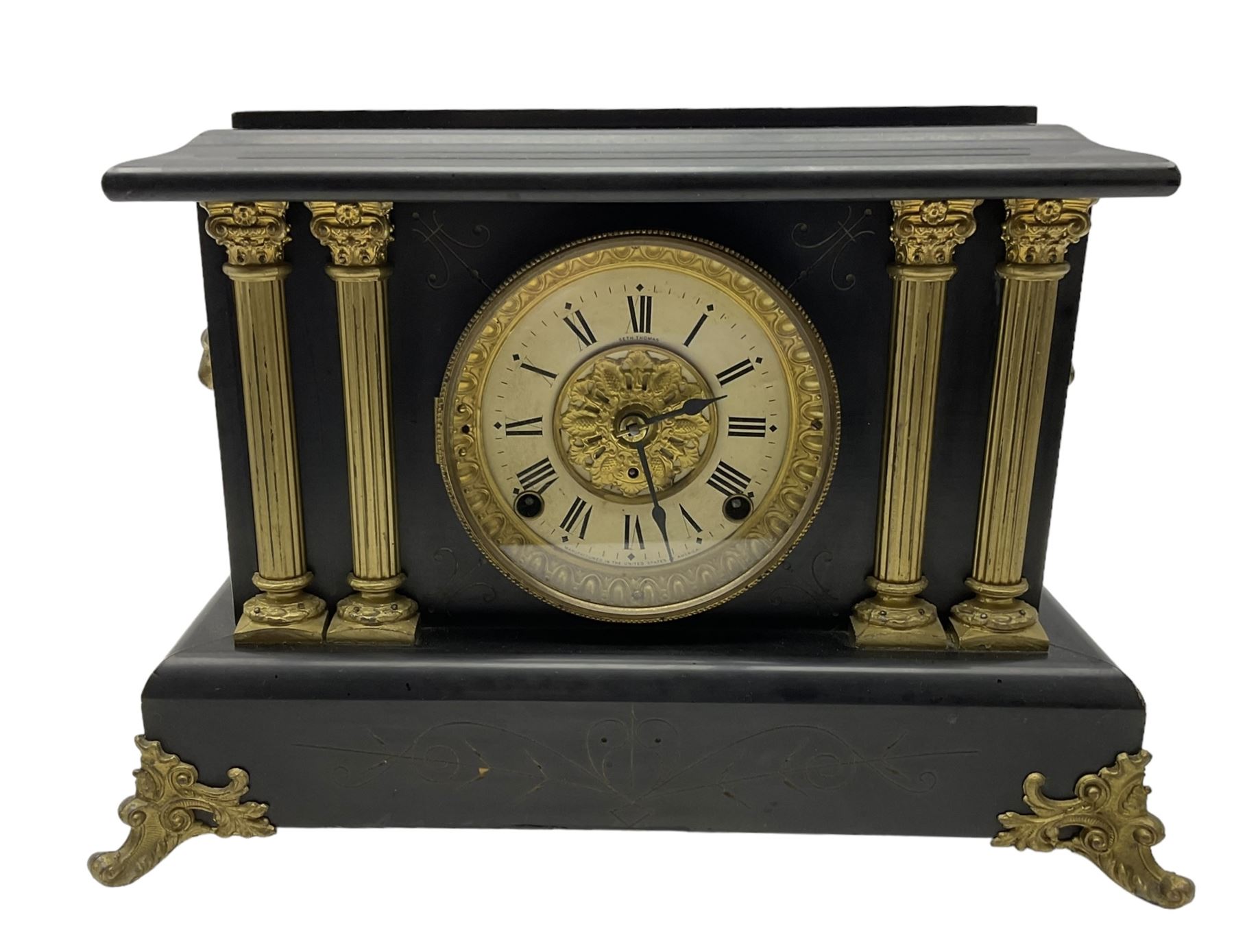 Seth Thomas - American late 19th century 8-day  mantle clock in a wooden case striking the hours on a gong and the half hours on a bell. With pendulum and key. 