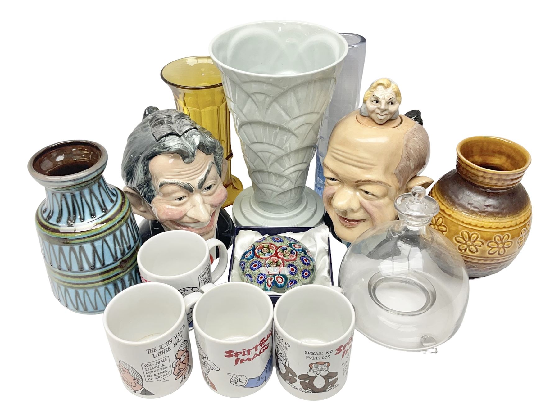 Bairstow Manor Pottery Tony Blair teapot and Tony Hague, Spode Copeland vase, glass vases, glass paperweight etc 