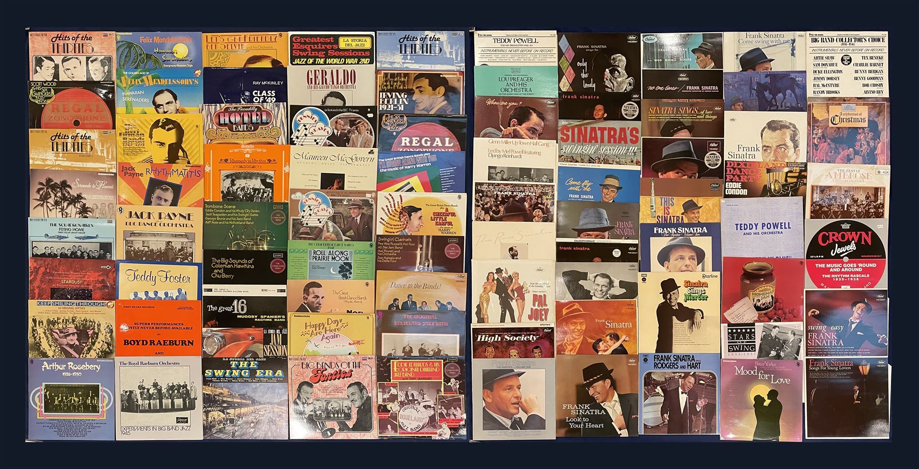 Large quantity of vinyl records including 'Nat King Cole Melody Mile', various other Nat King Cole, 'Magic Mandolins The Geoff Love Mandolins', 'The Best Of Peggy Lee' etc; 'Bing Crosby A Christmas Toast', 'At the Jazz Band Ball with Eddie Condon and his Orchestra', 'Anne Shelton I'll Be Seeing You' etc,  'The Very Best of Nat King Cole', 'Isn't it Heavenly Joe Loss and his Band 1933-1934', 'Sentimentally Yours Al Bowlly', 'Johnny Mercer Sings Johnny Mercer', 'Billy Cotton and his Band Somebody Stole My Gal' etc; 'Ray McKinley Class Of 49', 'The Boyd Raeburn Orchestra Experiments In Big Band Jazz 1945', 'The Golden Age Of Felix Mendelssohn's Hawaiian Serenaders', 'Scott Wood & His Six Swingers 1935:1936' etc, 'Van Phillips and His Band 1928-1934', 'Great British Dance Bands Play Jerome Kern 1926-46', 'The Golden Age of Noel Gay', 'Dancing The Night Away', 'Nat King Cole Thank You, Pretty Baby', 'Alice Faye In Hollywood (1934-1937)' etc,  'June Christy Recalls Those Kenton Day', 'Doris Day Whatever Will Be, Will Be', 'Keely Smith I wish you Love', 'Rosemary Clooney with orchestra arranged and conducted by Nelson Riddle', 'Zing! Ross Mitchell, His Band And Singers', 'The Glenn Miller Story' etc,  approximately 450