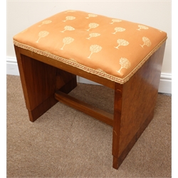  Art Deco style walnut finish stool, upholstered seat (W50cm, H48cm, D36cm), a vintage travelling trunk, hinged lid with clasps (W77cm, H32cm, D50cm) a painted pine table, a rug and two other tables (6)  