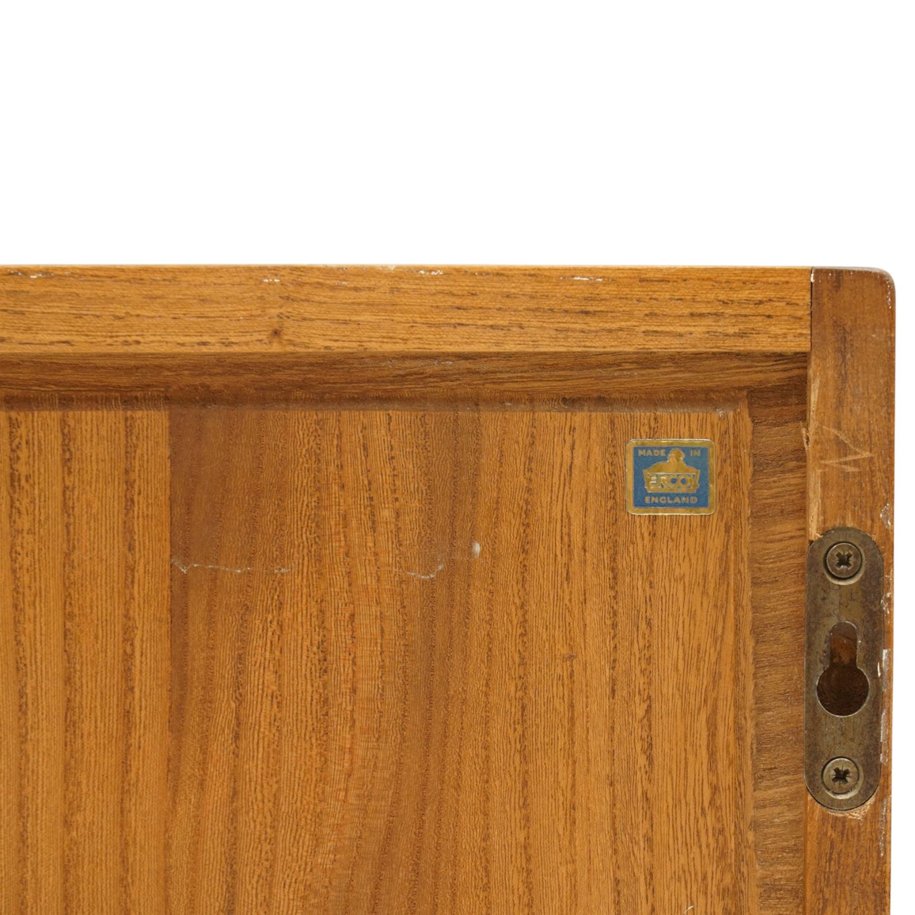 Ercol - elm plate rack, rectangular form with rounded corners, fitted with two open shelves divided by staggered upright partitions, fixings for hanging