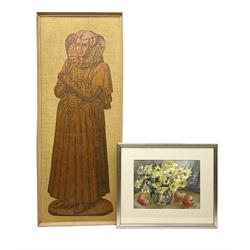 Jean Jones (Irish 20th century): 'Apples and Flowers', watercolour signed and dated 2001 together with brass rubbing of Jane Coningsbie (d.1608) from the Church of Saint Margaret at Felbrigg Norfolk max 104cm x 39cm (2)