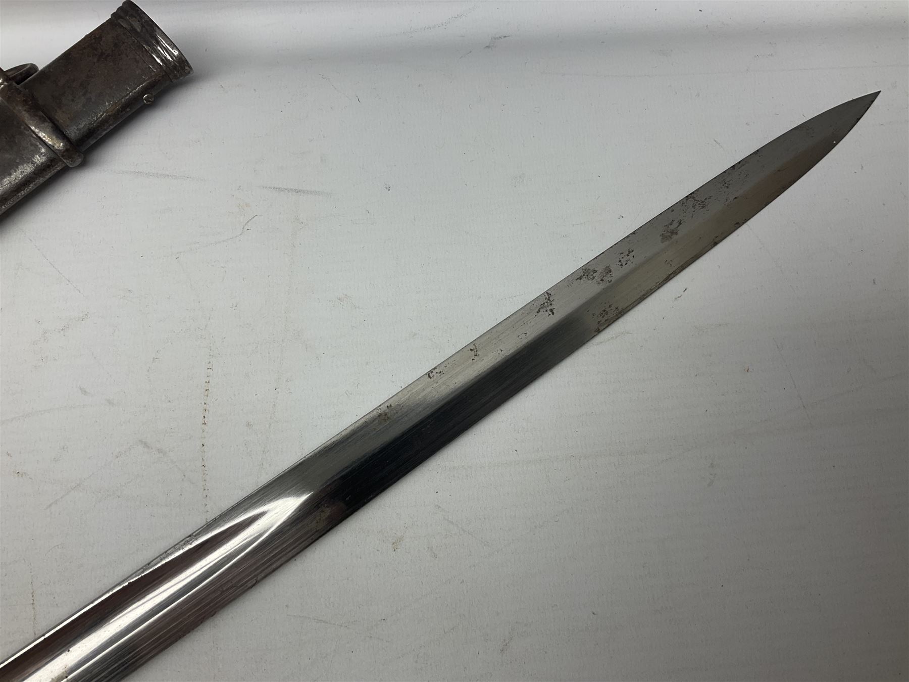 Victorian British Army officer's sword by Hobson & Sons Little Windmill Street London, the 82cm fullered steel blade etched with crowned Victoria cypher and 'HM 1st West York R.V.', lined gilded brass three-bar hilt incorporating Victoria cypher and wire-bound fish skin grip with plaited knot; in steel scabbard with two hanging rings L99cm overall