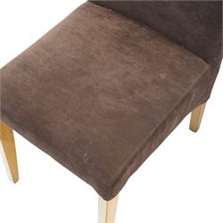 Modern solid oak extending dining table and eight upholstered chairs, the table of plank top construction raised on square supports, extended to 231cm with leaves 