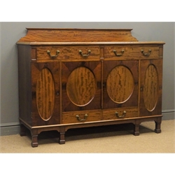  Early 20th century mahogany sideboard, raised back, two short and two long drawers, four panelled cupboard doors, W141cm, H107cm, D52cm  