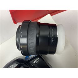 Minolta Dynax 5xi camera body serial no 17222646 with 'AF Zoom Xi 28-80mm 1:4(22)-56' lens serial no 17220881, Minolta SRT101 camera body serial 1944687, Lumix camera body serial no K6SC10168 etc 