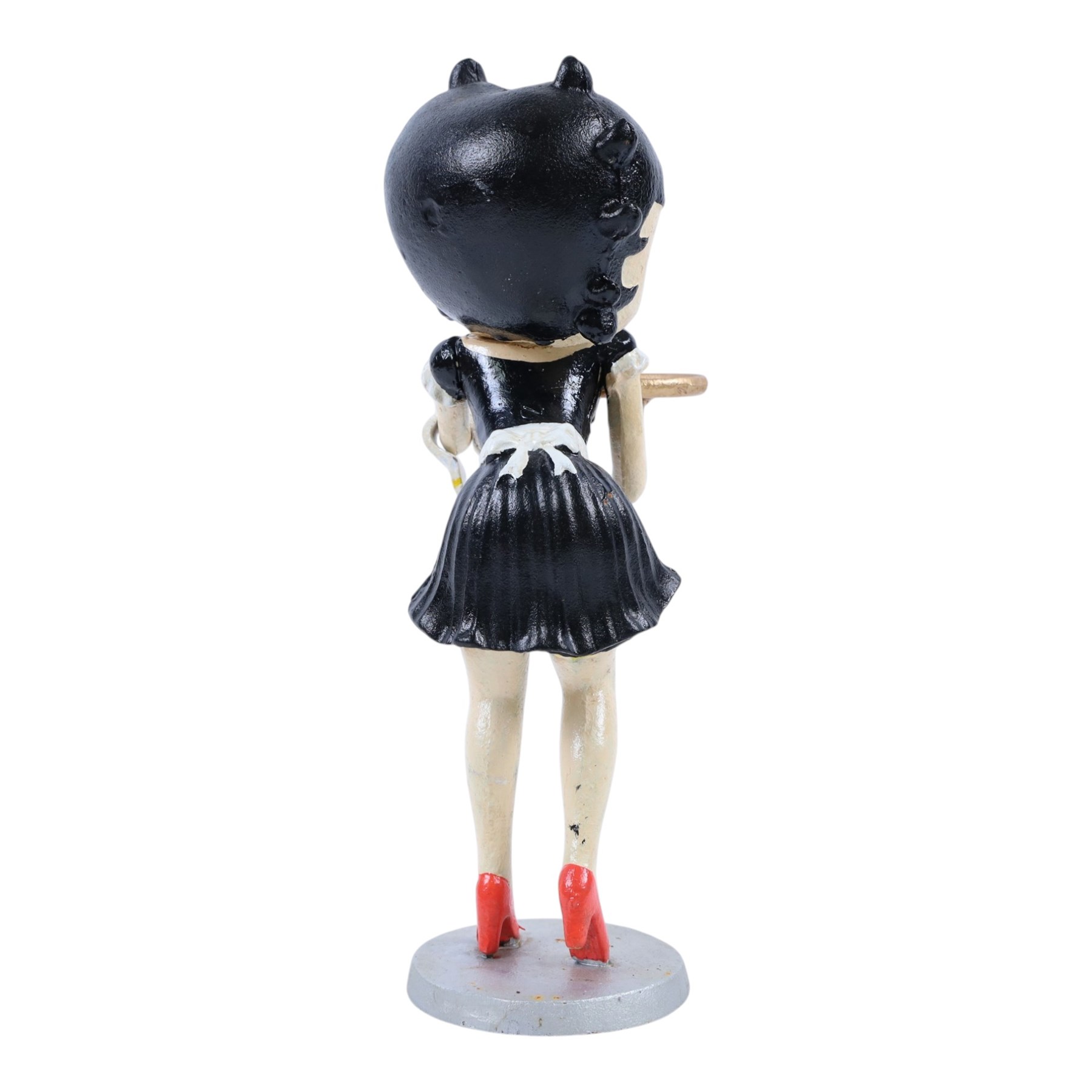 Cast-iron figure, modelled as Betty Boop in waitress clothing and carrying a tray, upon a silver plaque, H31cm