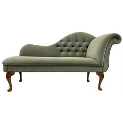 Victorian design chaise longue, upholstered in buttoned green fabric, on cabriole feet