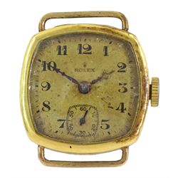  Rolex early 20th century 18ct gold manual wind wristwatch, movement No. 388, gilt dial with subsidiary seconds dial, case by Rolex, Glasgow import marks 1928