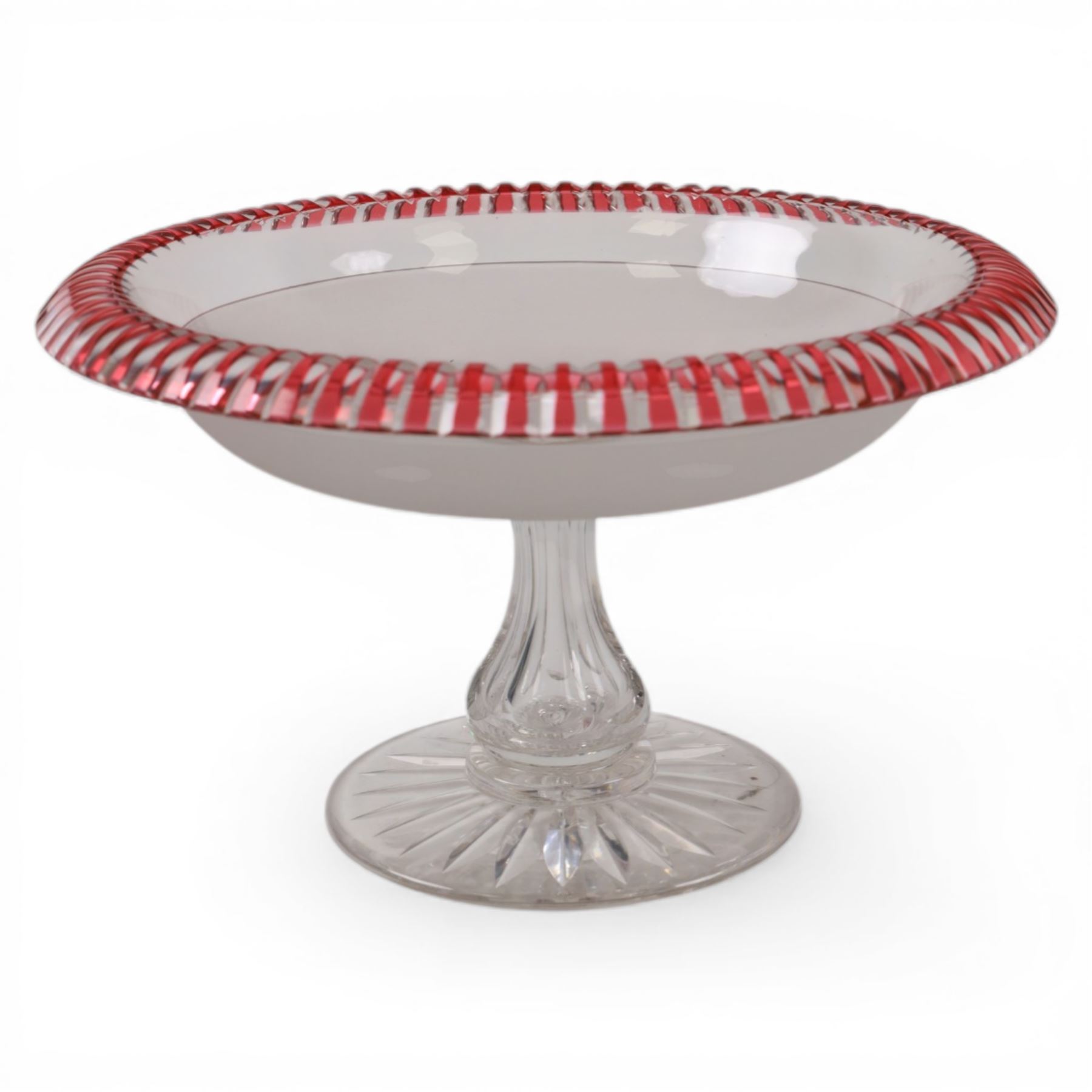 Two Victorian clear, frosted and cranberry cut glass tazzas, largest example H15.5cm D27cm
