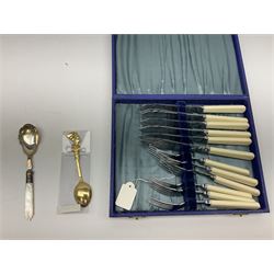 Large collection of metal caddies of various sizes, together with a silver, hallmarked spoon, boxed set of six fish knives and forks, etc, two boxes 