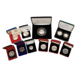 Nine world silver coins or sets, including The Royal Mint United Kingdom 1977 silver proof...