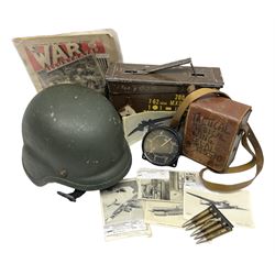 Bakelite cased Megger Insulation tester, by Evershed and Vignoles Ltd, Acton Lane Works, Chiswick, London W4, RW Munro Ltd air speed knots gauge, American green army helmet, The War Illustrated, WW2 aircraft photographic postcards, etc