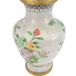 20th century Chinese cloisonné vase, of baluster form, decorated with two peacocks amongst peonies on a white cloud pattern ground, H38cm 