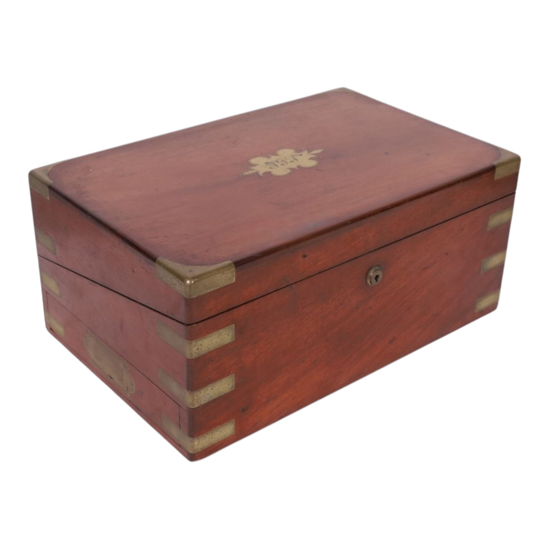 19th century mahogany brass bound writing slope, with fitted interior, H18cm