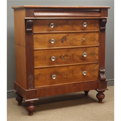  Victorian mahogany Scotch chest, frieze drawer above four drawers, turned supports, W121cm, H133cm, D53cm  