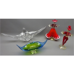  Pair mid 20th century Murano flamenco dancers each having flecked decoration, H33cm, Murano style centrepiece and a French splash form clear glass centrepiece (4)  