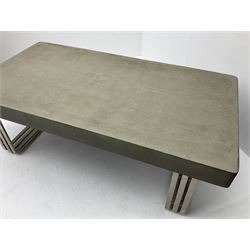 Contemporary faux concrete top rectangular coffee table, raised on shaped steel supports 