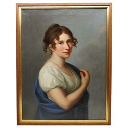 Circle of Angelica Kauffman (Swiss 1741–1807): Half-Length Portrait of a Young Woman in Classical Dress, late 18th century oil on canvas unsigned 70cm x 53cm