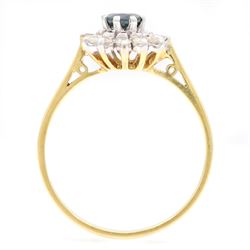 18ct gold sapphire and diamond cluster ring, single round cut sapphire surrounded by twelve single cut diamonds, Birmingham 1985