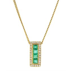 18ct gold square cut emerald and round brilliant cut diamond pendant necklace, hallmarked