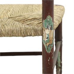 Pair of 19th century lacquered faux bamboo rush seated side chairs chairs, original blue paint under later ox-blood lacquer finish