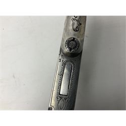 Mid-19th century French Boissy 12mm single barrel pin-fire pistol, the 9.5cm rifled barrel with brown stub twist damascus decoration, side screw under lever opening and English proof marks, retailed by H. Akrill Beverley, chased action with drop-down trigger and carved walnut stock L21cm