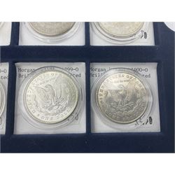 Twelve United States of America silver Morgan dollar coins, dated 1889, 1890, 1891, 1892, 1893, 1894 O, 1895 O, 1896, 1897, 1898 O, 1899 O and 1900 O