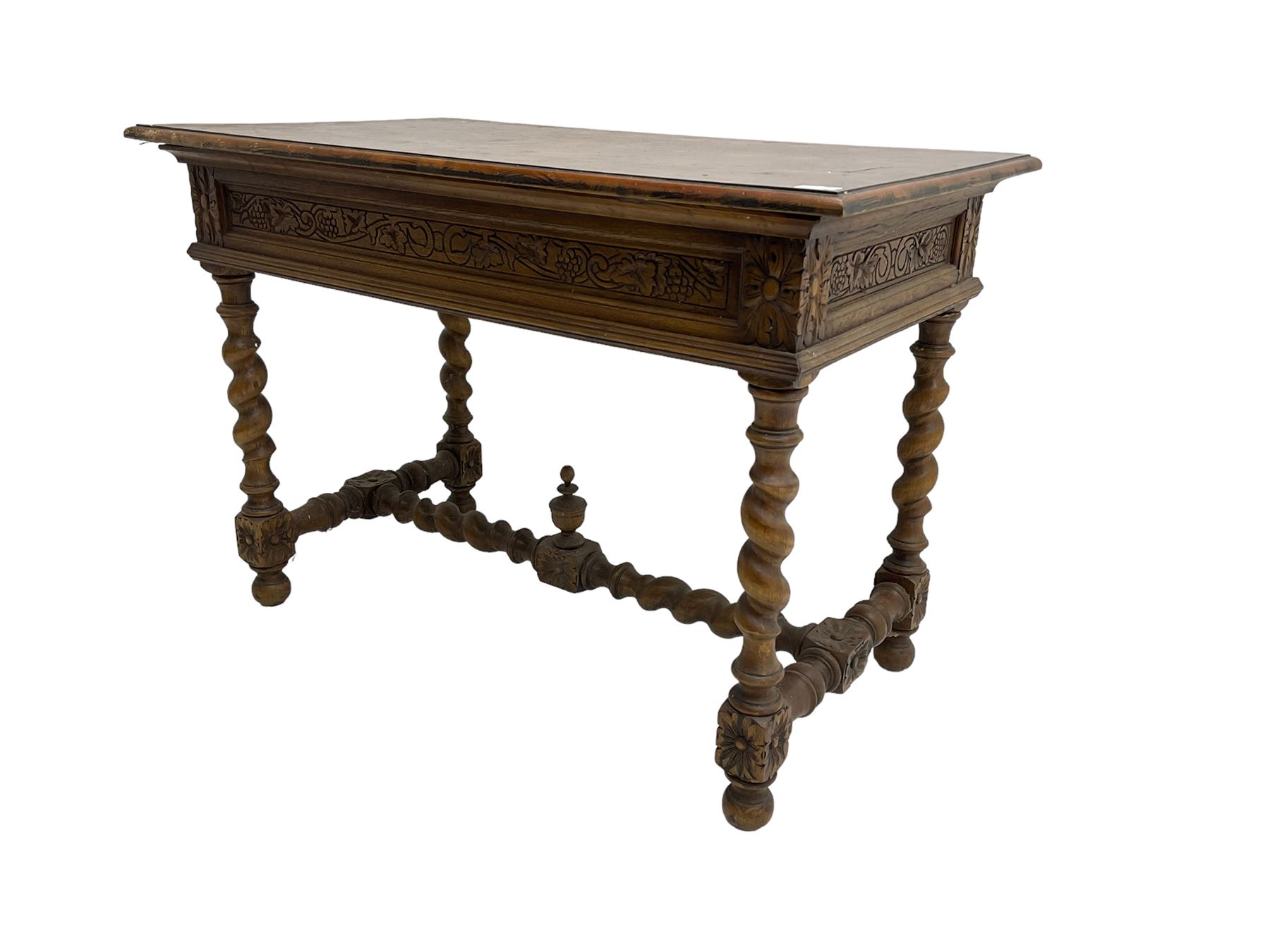 Early 20th century carved oak side table, the rectangular top with cross section inlay, frieze carved with foliate decoration, raised on spiral turned supports united by barley-twist stretcher with finial
