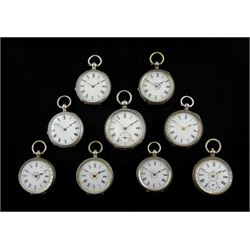 Nine 19th/early 20th century ladies silver key wound cylinder fob and pocket watches, white enamel dials with Roman numerals, five stamped 800, one stamped Fine Silver, three hallmarked (9)