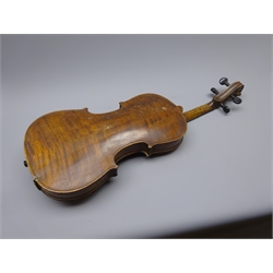  Late 19th century German violin c1880 with 35.5cm two-piece maple back and ribs and spruce top, L58.5cm overall, in poor condition carrying case with bow  