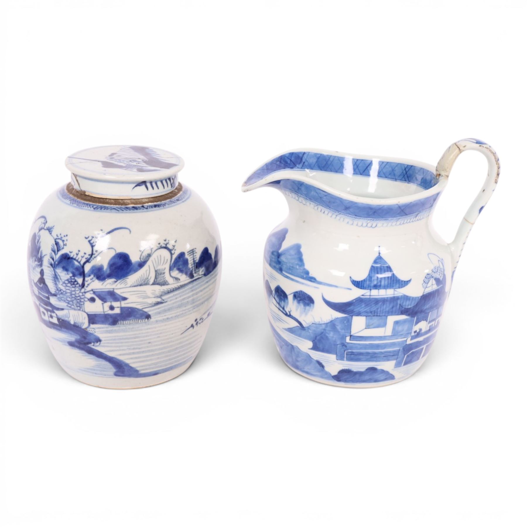 19th-century Chinese Export ginger jar,  decorated with landscape with pagodas, together with Chinese export jug, with similar decoration, jug H22cm 
