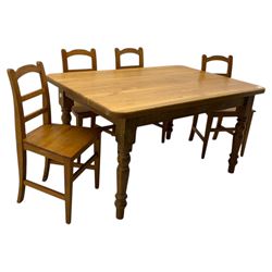 Contemporary light oak farmhouse dining table, and four oak ladder back dining chairs, rectangular top with rounded corners, raised on four turned baluster legs in natural lacquered finish, chairs with three horizontal slats beneath a shaped top rail, solid seat and square section legs united by stretchers