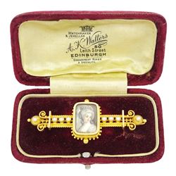 Victorian gold Etruscan revival portrait brooch, the bead and wirework brooch set with a central portrait of a woman in 18th century dress and eight seed pearls on ivory, in a velvet and silk lined box by A.K. Watters of Edinburgh. This lot has been registered for sale under Section 10 of the APHA Ivory Act
