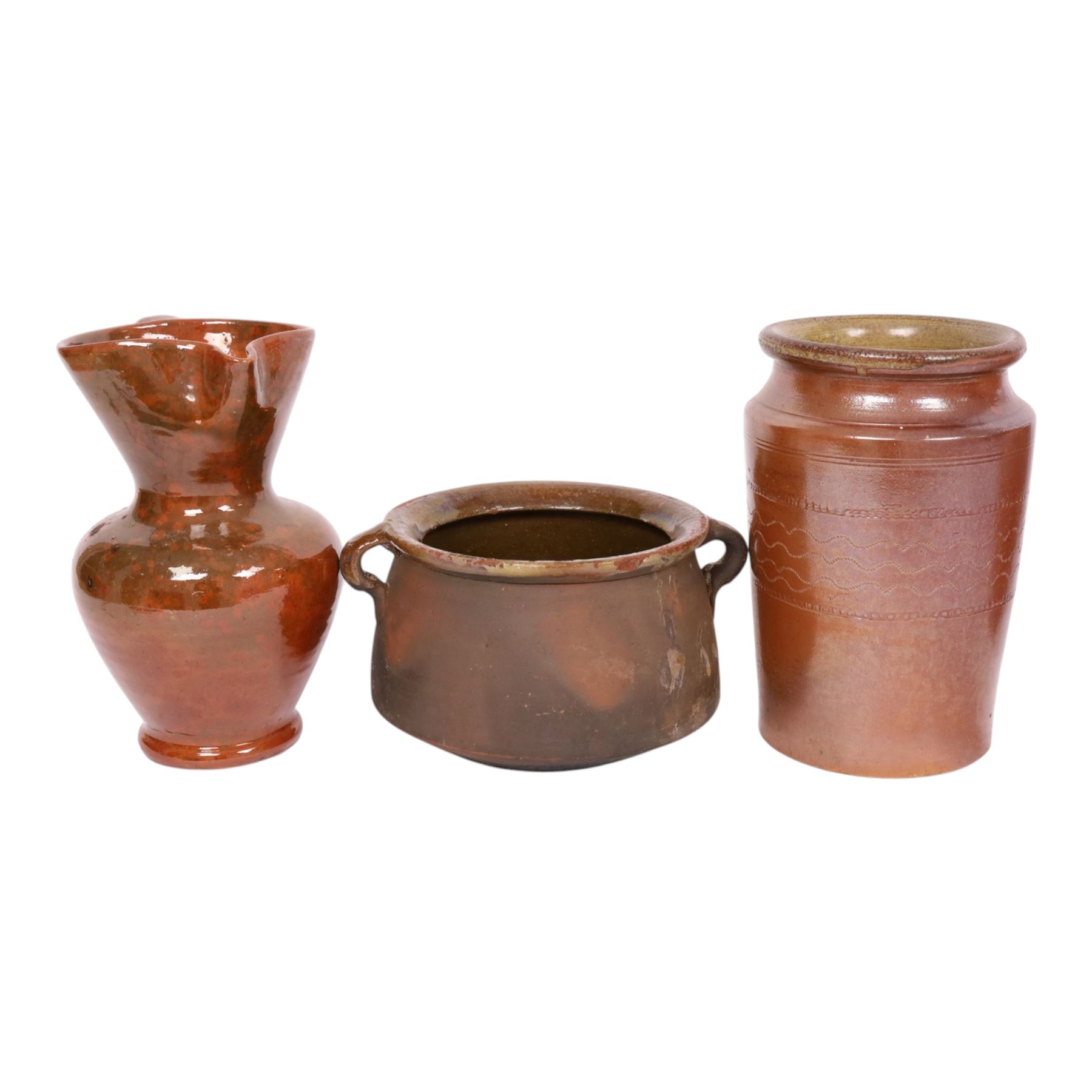 Two twin handled Spanish terracotta pots, together with terracotta pitcher and three similar, largest H35cm 