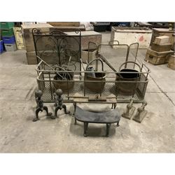 19th century brass and mesh fire fender, three coal buckets, two spark guards, irons, dogs and trivets - THIS LOT IS TO BE COLLECTED BY APPOINTMENT FROM THE OLD BUFFER DEPOT, MELBOURNE PLACE, SOWERBY, THIRSK, YO7 1QY