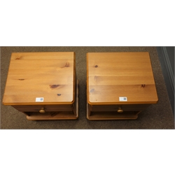  Polished pine double wardrobe (W76cm, H180cm, D53cm), small three drawer pedestal chest (W44cm, H58cm, D39cm), pair bedsides with single drawers (W37cm, H44cm, D31cm)  