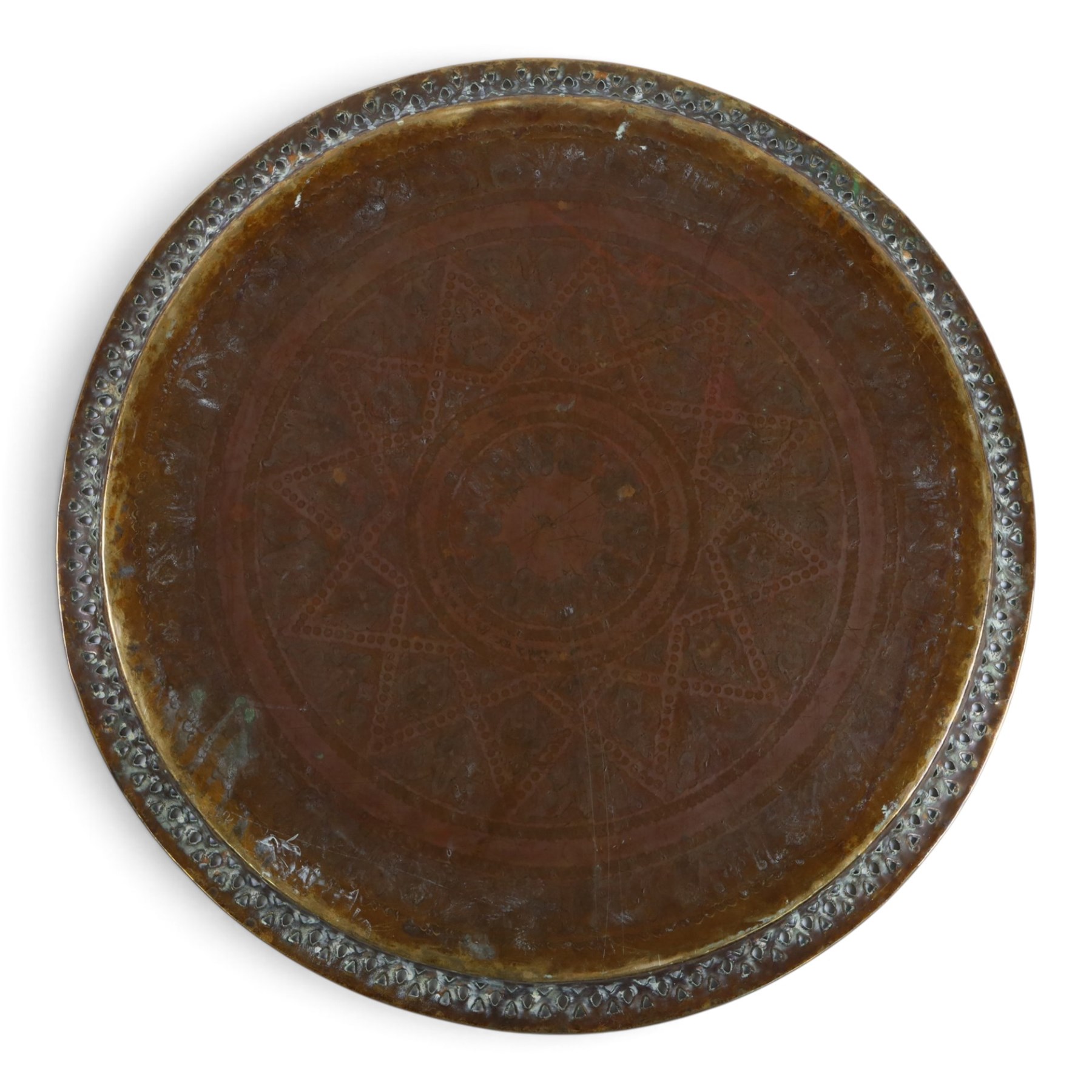 Twin handled copper jardiniere, together with brass tray with pierced boarder, jardiniere H29cm