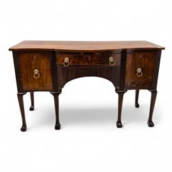Late 19th-century mahogany bowfront sideboard, fitted with a central frieze drawer above a reeded apron drawer flanked by two deep cupboards, raised on cabriole legs with ball and claw feet