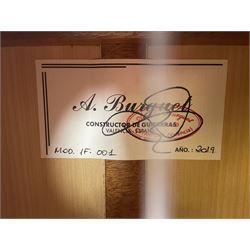 2019 A. Burguet Valencia hand made Flamenco guitar model IF-001 with spruce top and cypress wood back and sides; bears maker's label, L98cm; in original Burguet fitted hard carrying case